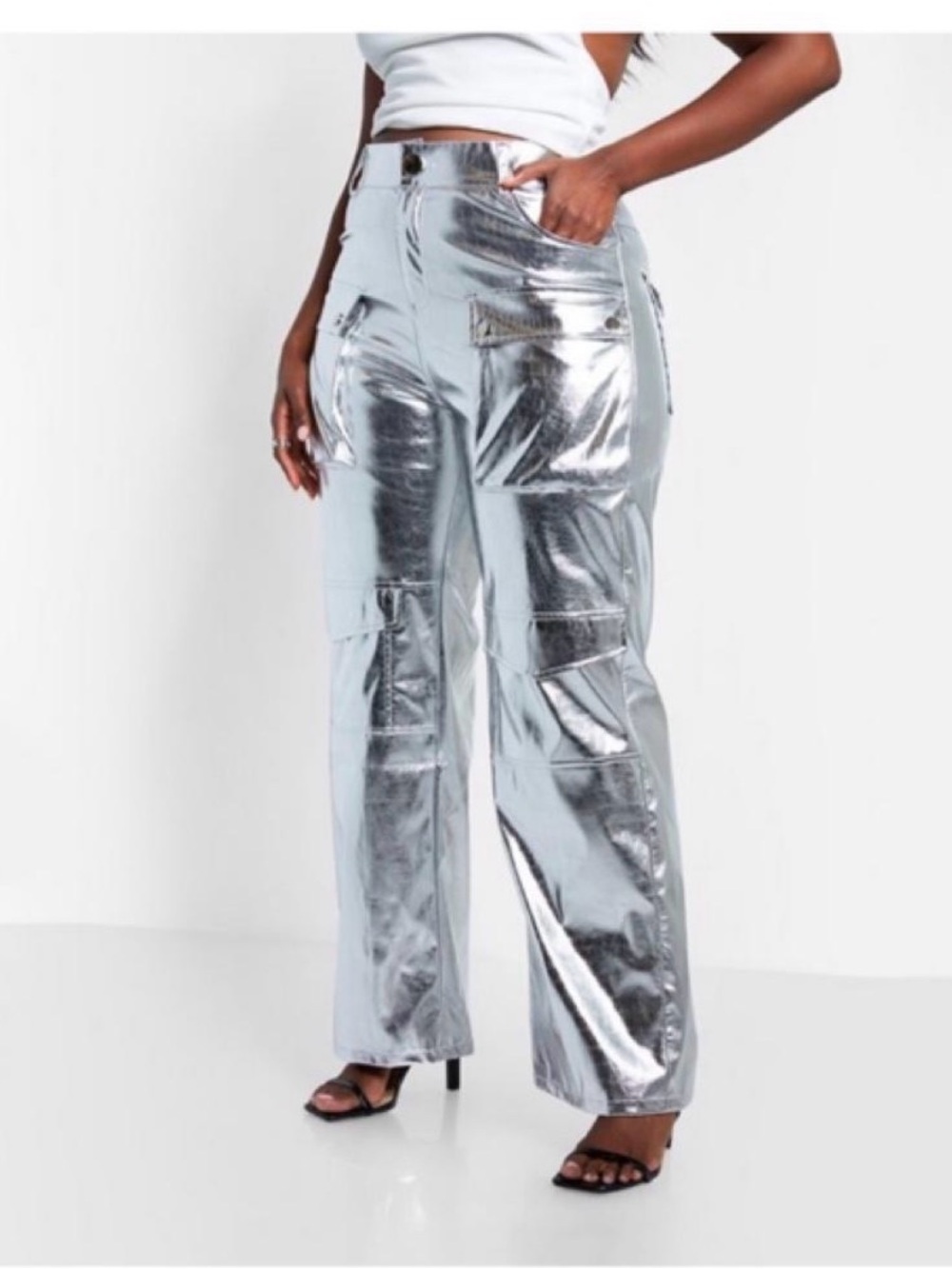 Rebdolls Metallic Silver Wide Leg Cargo Pants